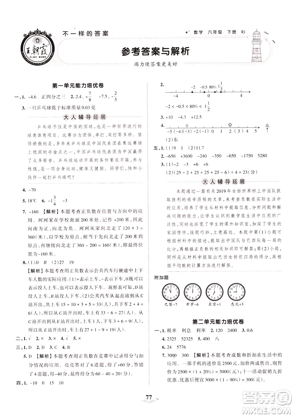江西人民出版社2021春王朝霞培優(yōu)100分?jǐn)?shù)學(xué)六年級(jí)下冊RJ人教版答案