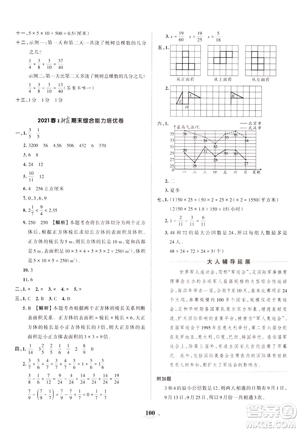 江西人民出版社2021春王朝霞培優(yōu)100分數(shù)學五年級下冊RJ人教版答案