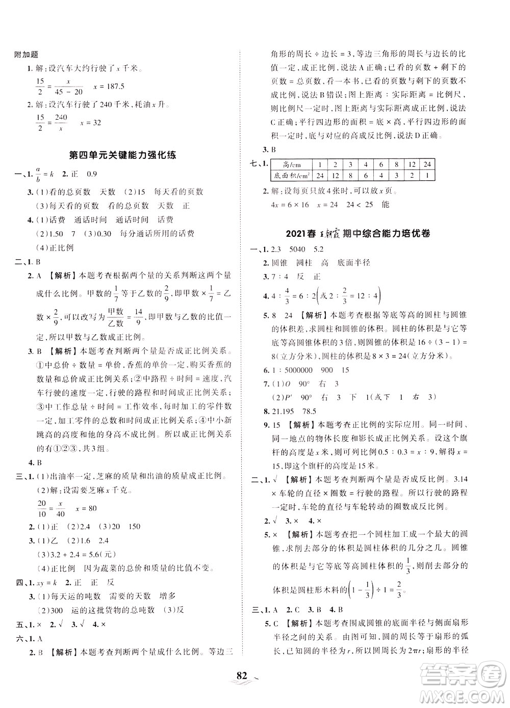 江西人民出版社2021春王朝霞培優(yōu)100分數(shù)學六年級下冊BS北師大版答案