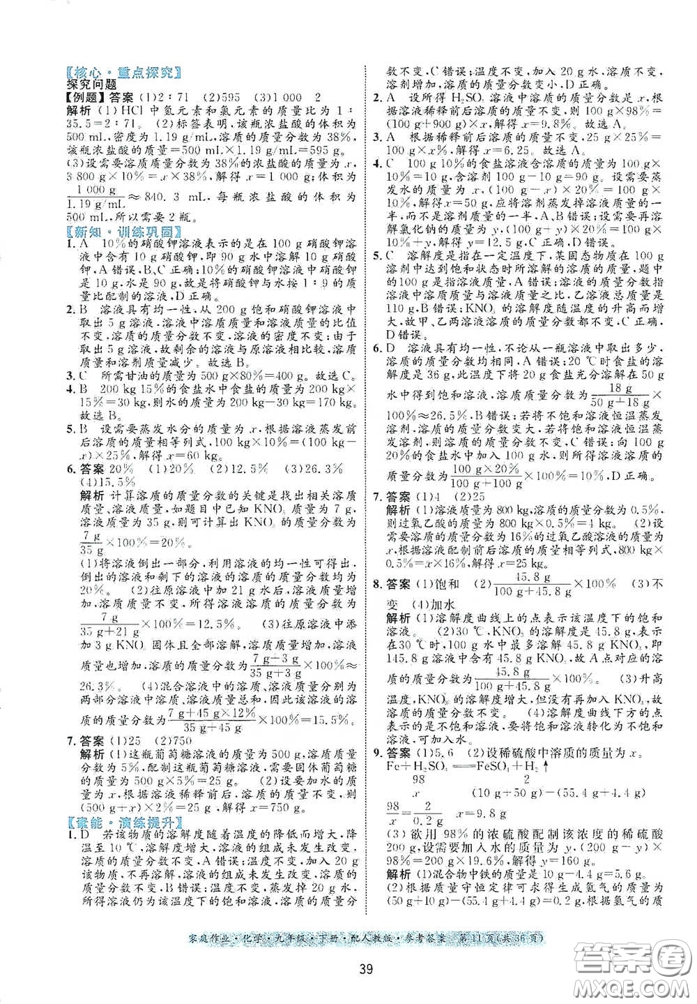 貴州人民出版社2021家庭作業(yè)九年級化學(xué)下冊人教版答案