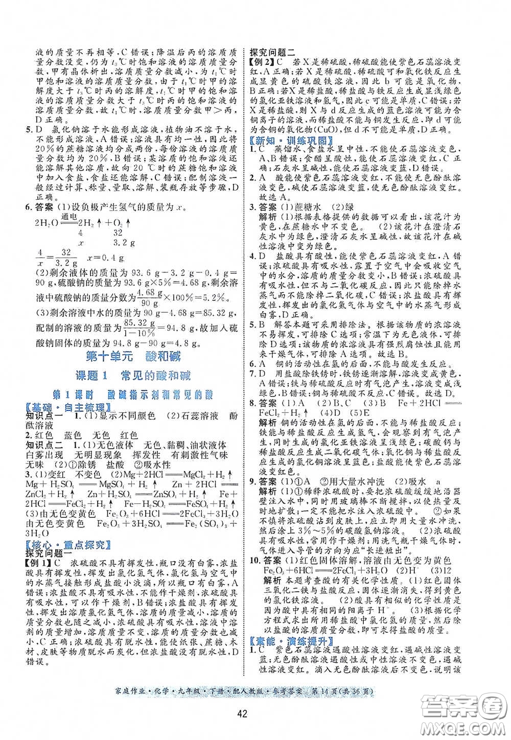 貴州人民出版社2021家庭作業(yè)九年級化學(xué)下冊人教版答案