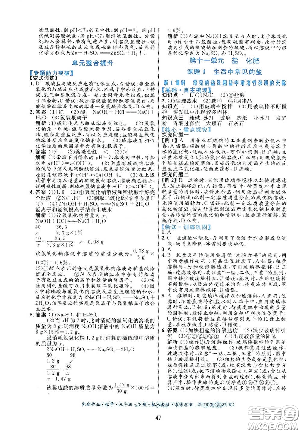 貴州人民出版社2021家庭作業(yè)九年級化學(xué)下冊人教版答案