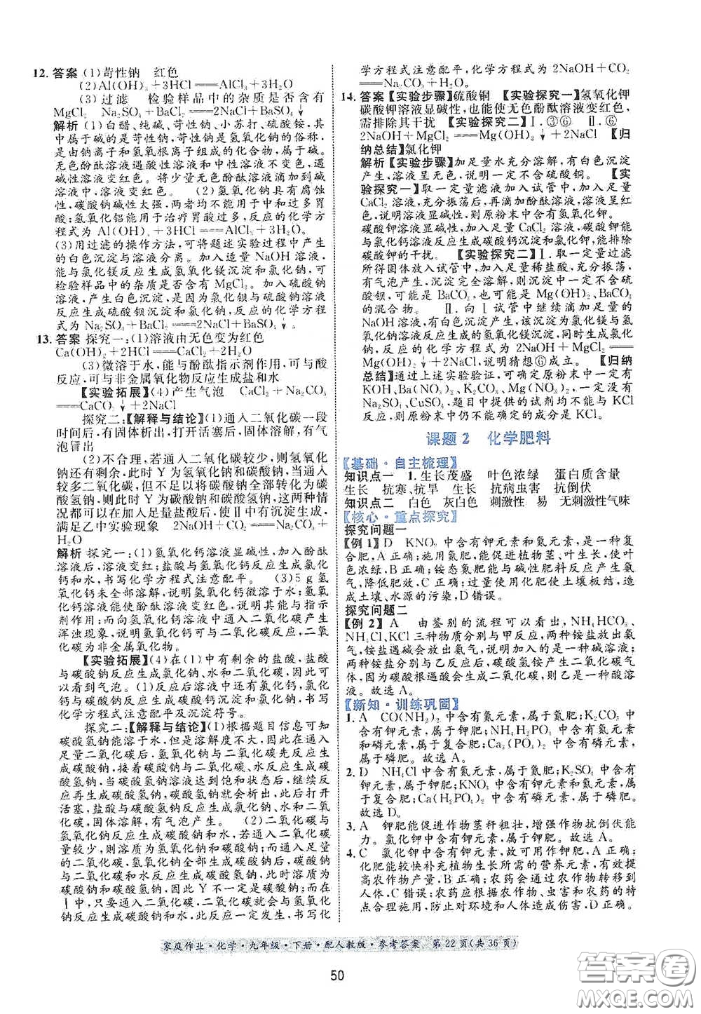 貴州人民出版社2021家庭作業(yè)九年級化學(xué)下冊人教版答案