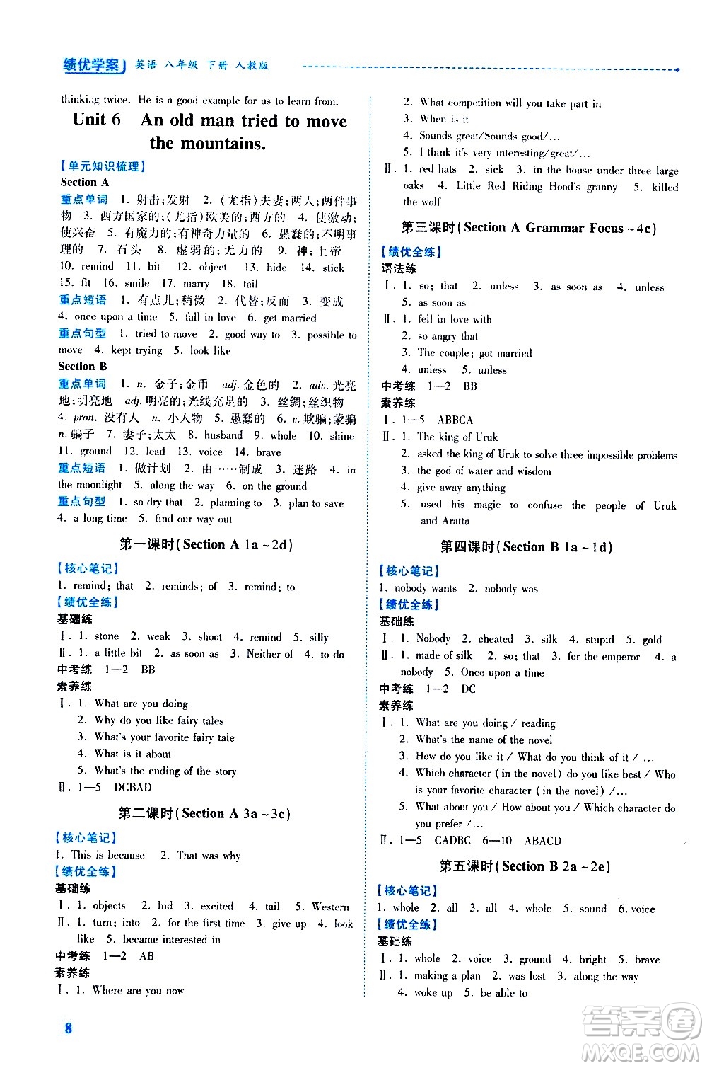陜西師范大學(xué)出版總社有限公司2021績(jī)優(yōu)學(xué)案英語(yǔ)八年級(jí)下冊(cè)人教版答案