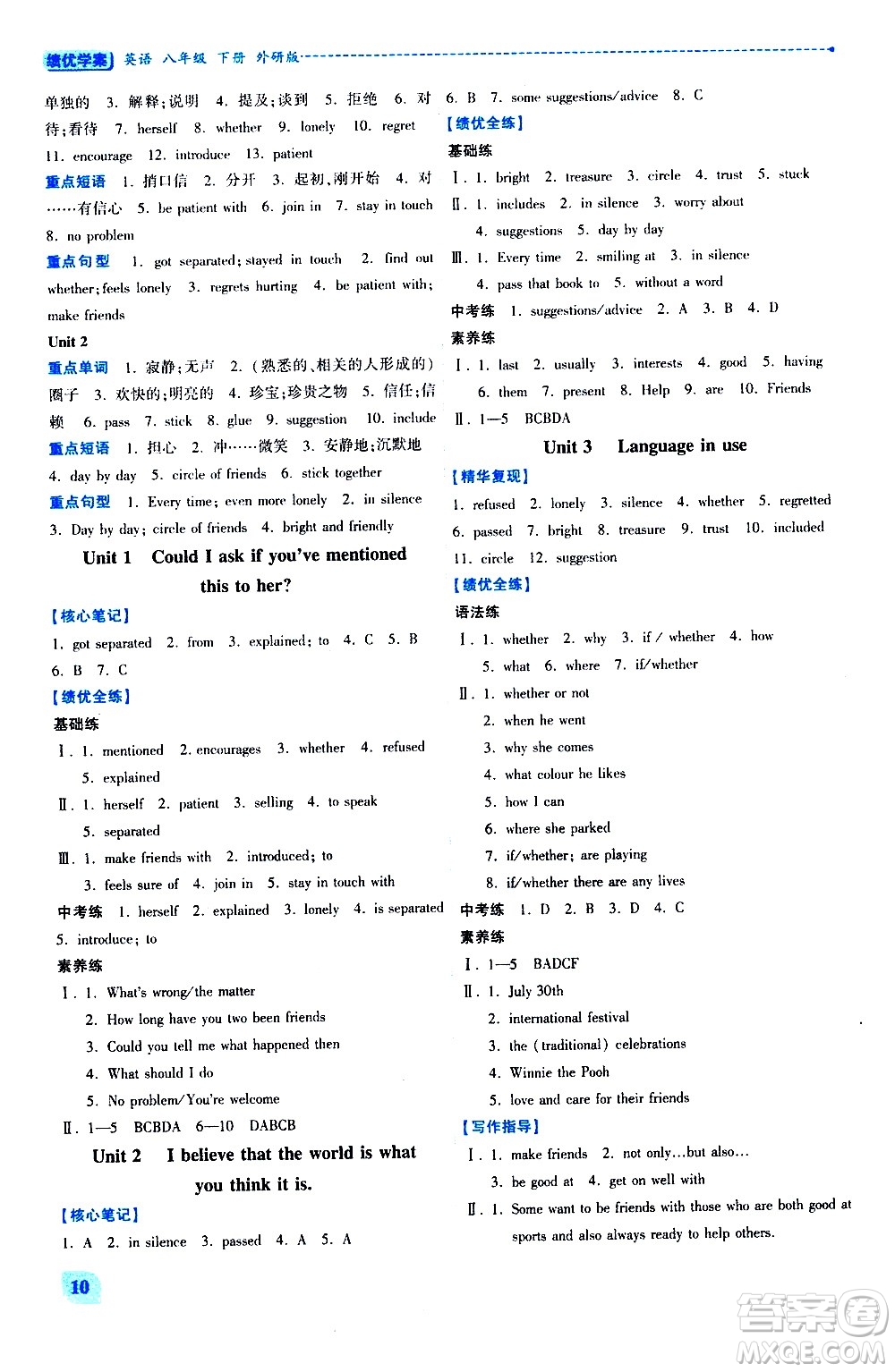 陜西師范大學(xué)出版總社有限公司2021績(jī)優(yōu)學(xué)案英語(yǔ)八年級(jí)下冊(cè)外研版答案