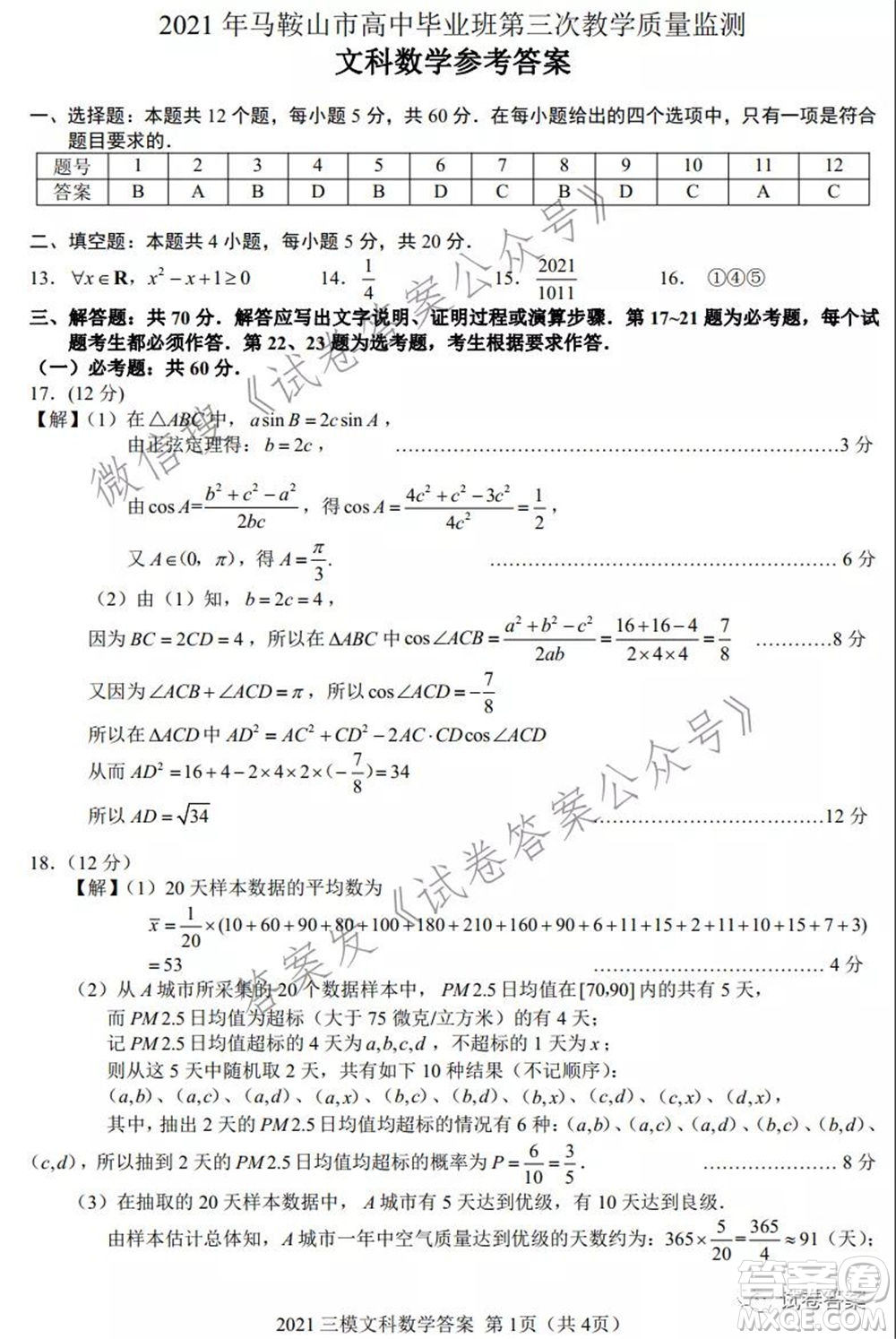 馬鞍山市2021年高三第三次教學(xué)質(zhì)量監(jiān)測(cè)文科數(shù)學(xué)試題及答案