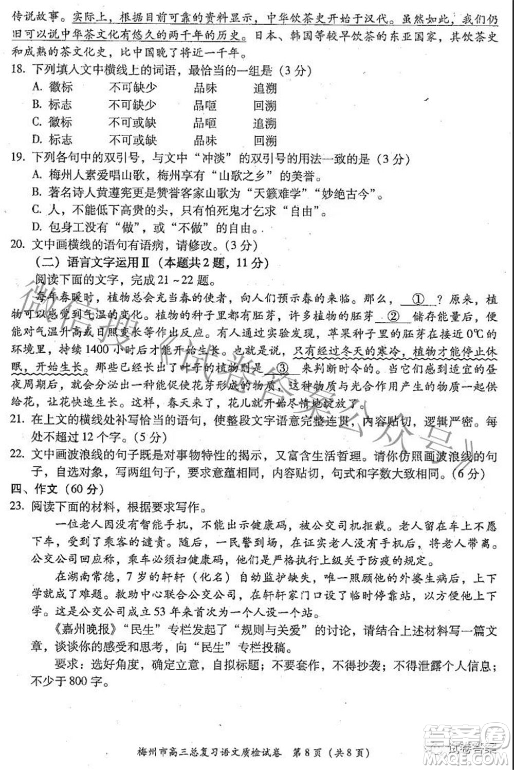 2021年5月梅州市高三總復(fù)習(xí)質(zhì)檢語文試題及答案