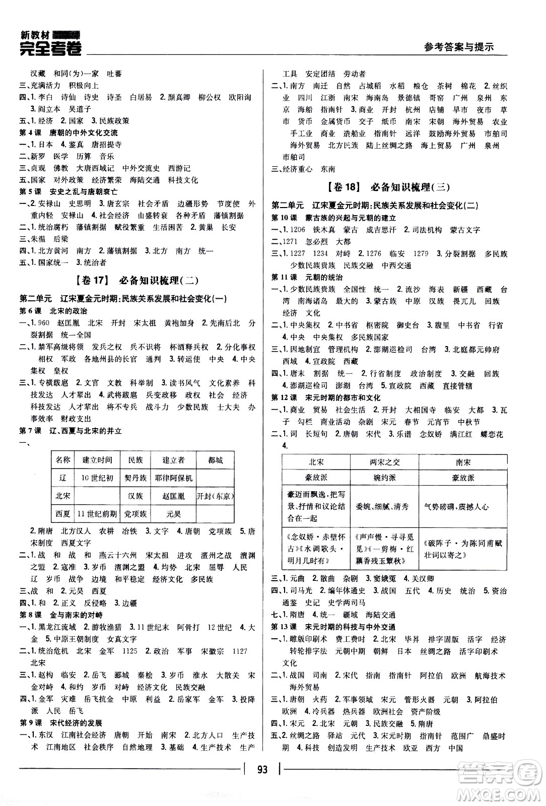 吉林人民出版社2021新教材完全考卷七年級歷史下新課標人教版答案