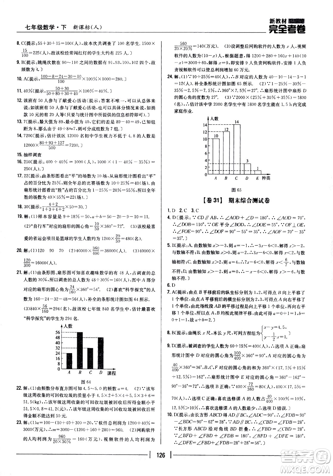 吉林人民出版社2021新教材完全考卷七年級數(shù)學(xué)下新課標(biāo)人教版答案