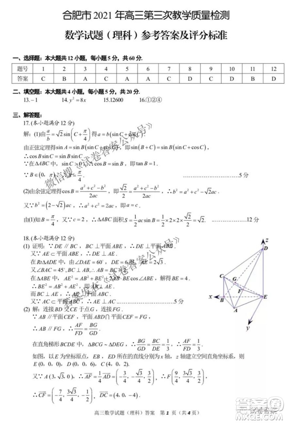 合肥市2021年高三第三次教學質(zhì)量檢測理科數(shù)學試題及答案