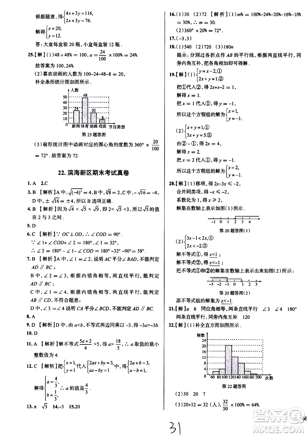 陜西人民教育出版社2021年真題圈天津考生專用練考試卷數(shù)學(xué)七年級下冊答案