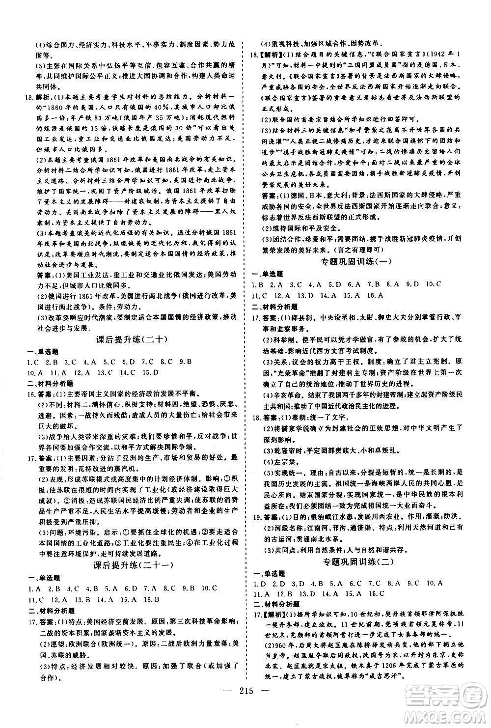 山東美術(shù)出版社2021新中考集訓中考總復習歷史通用版答案