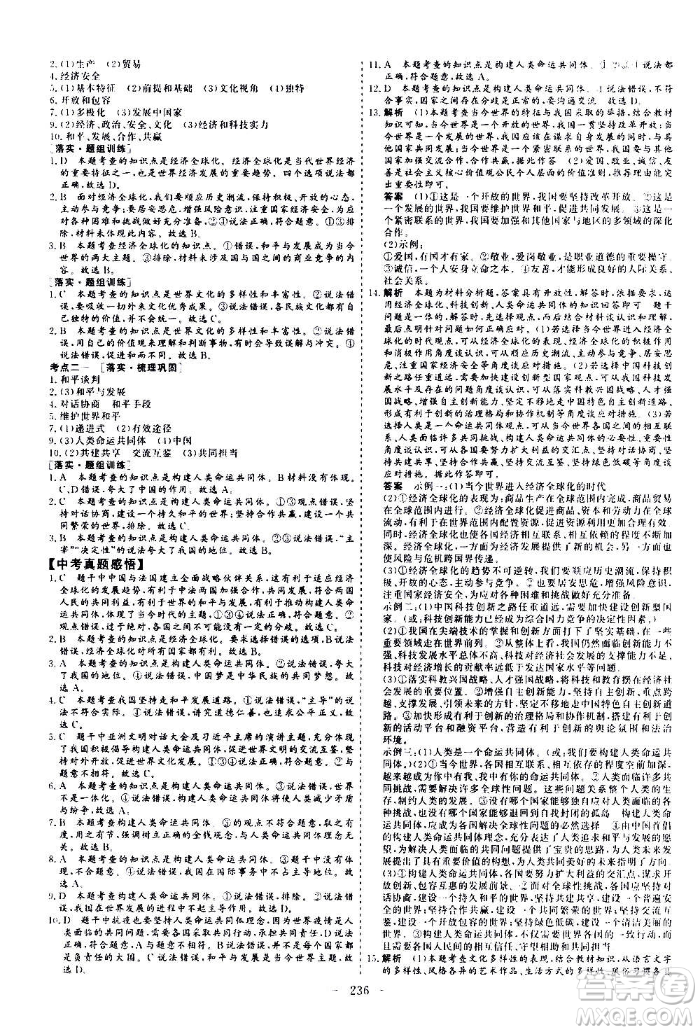 山東美術(shù)出版社2021新中考集訓(xùn)中考總復(fù)習(xí)道德與法治九年級通用版答案