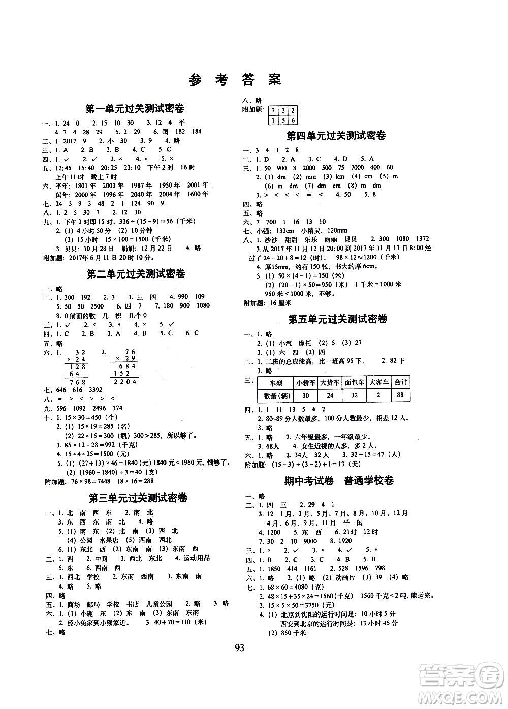長春出版社2021春期末沖刺100分完全試卷數(shù)學三年級下冊冀教版答案