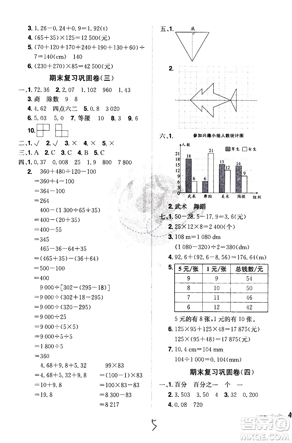 江西美術(shù)出版社2021魔力一卷通小學(xué)期末沖刺100分?jǐn)?shù)學(xué)四年級下冊RJ人教版答案