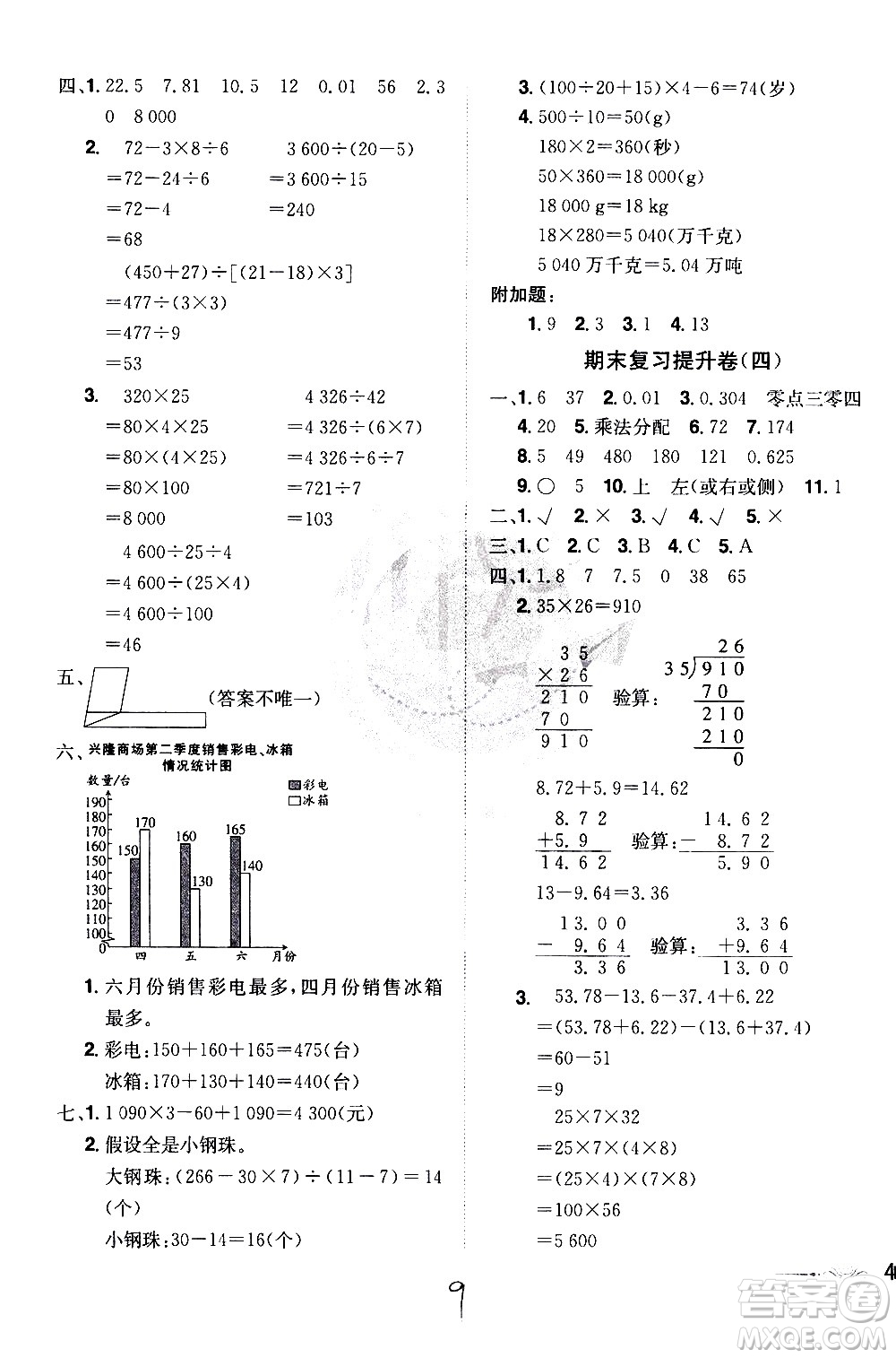 江西美術(shù)出版社2021魔力一卷通小學(xué)期末沖刺100分?jǐn)?shù)學(xué)四年級下冊RJ人教版答案