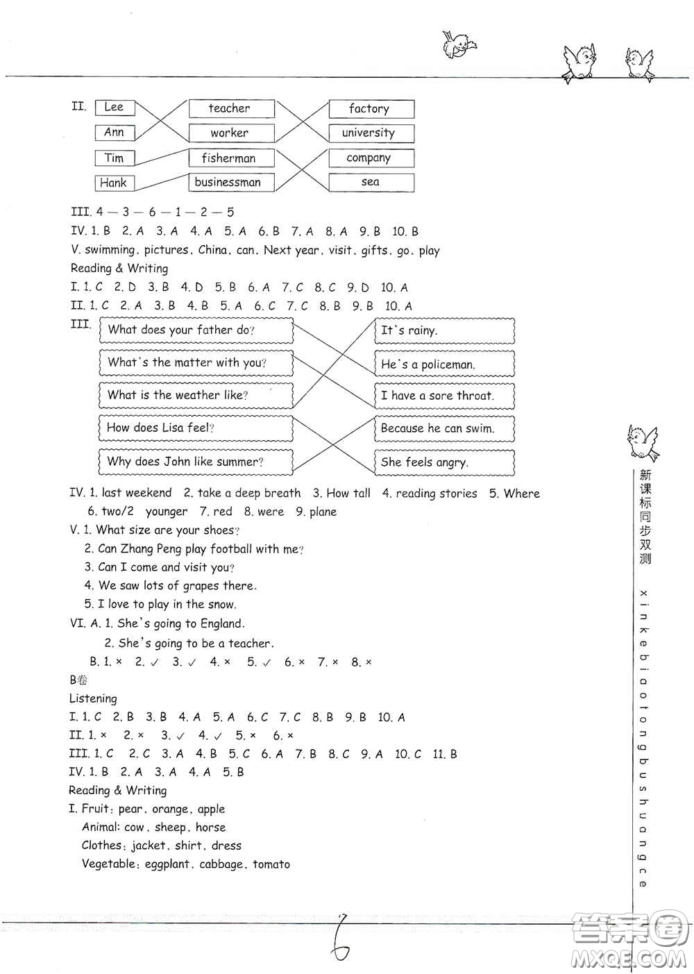 浙江教育出版社2021新課標同步雙測六年級小學英語下冊答案