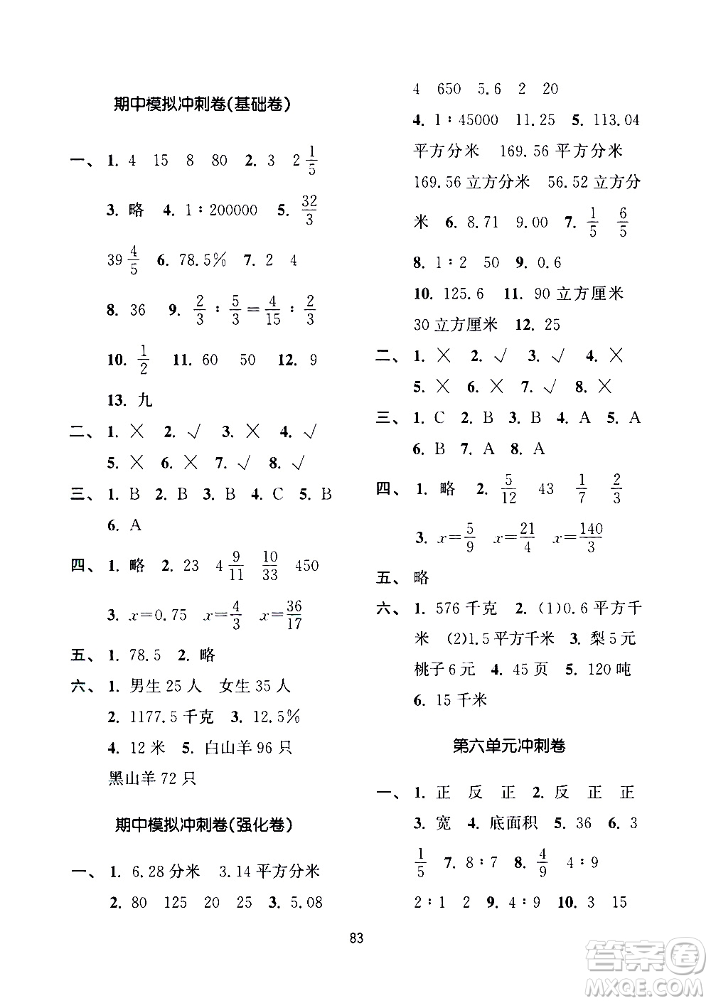南京大學出版社2021期末沖刺滿分卷數學六年級下冊江蘇版答案