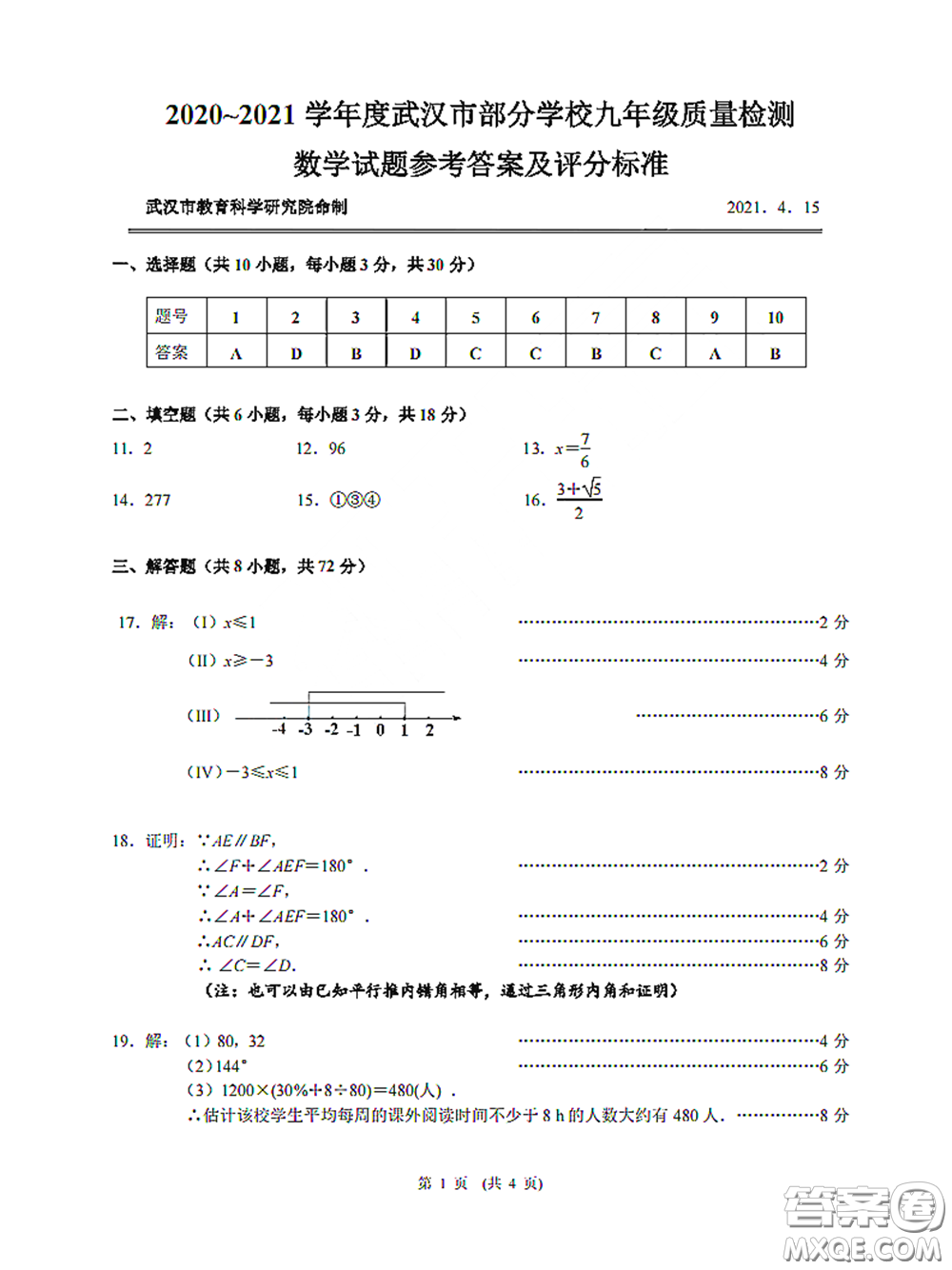 2020-2021學(xué)年度武漢市九年級4月質(zhì)量監(jiān)測初三數(shù)學(xué)答案