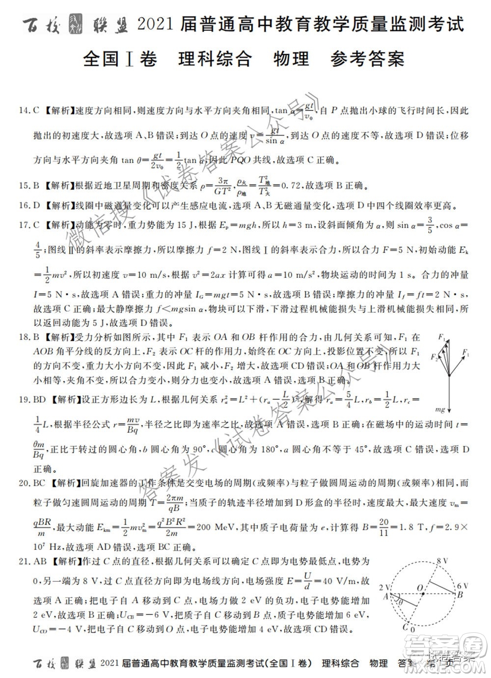 百校聯(lián)盟2021屆普通高中教育教學(xué)質(zhì)量監(jiān)測考試全國I卷理科綜合試題及答案