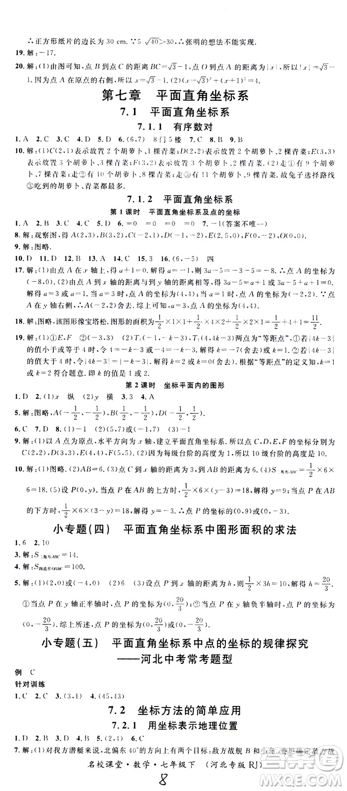 吉林教育出版社2021名校課堂河北專版領(lǐng)導(dǎo)者數(shù)學(xué)七年級下冊RJ人教版答案