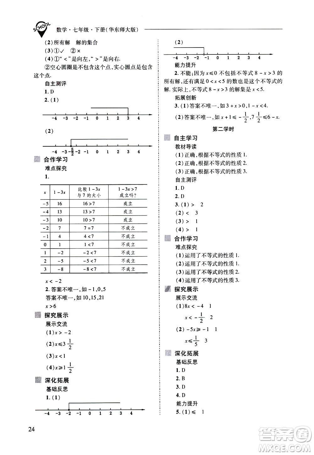 山西教育出版社2021新課程問題解決導學方案數學七年級下冊華東師大版答案
