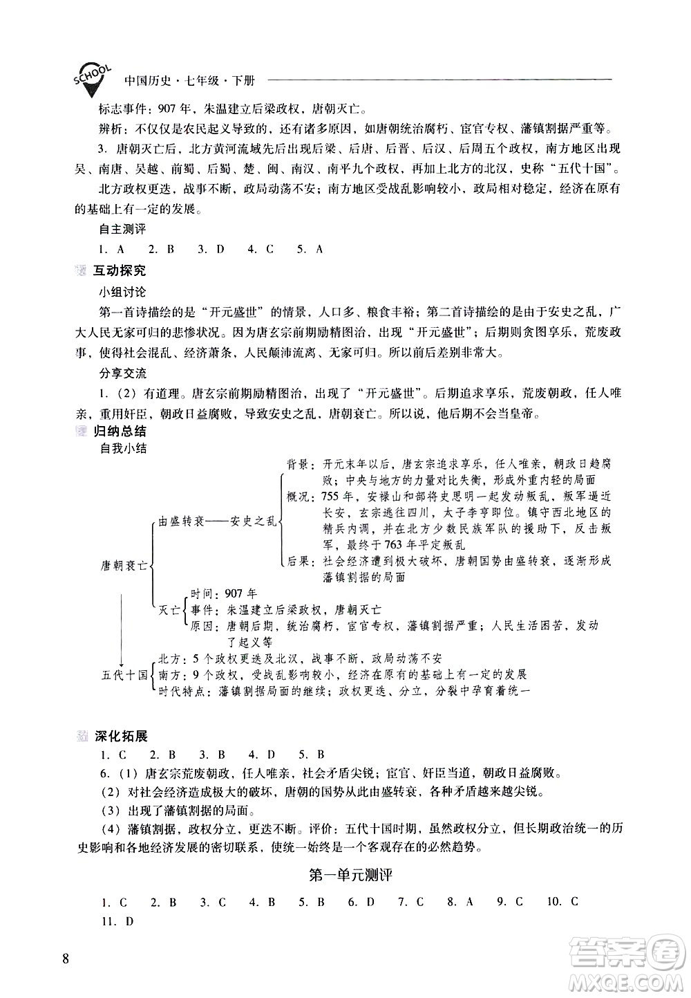 山西教育出版社2021新課程問題解決導學方案中國歷史七年級下冊人教版答案