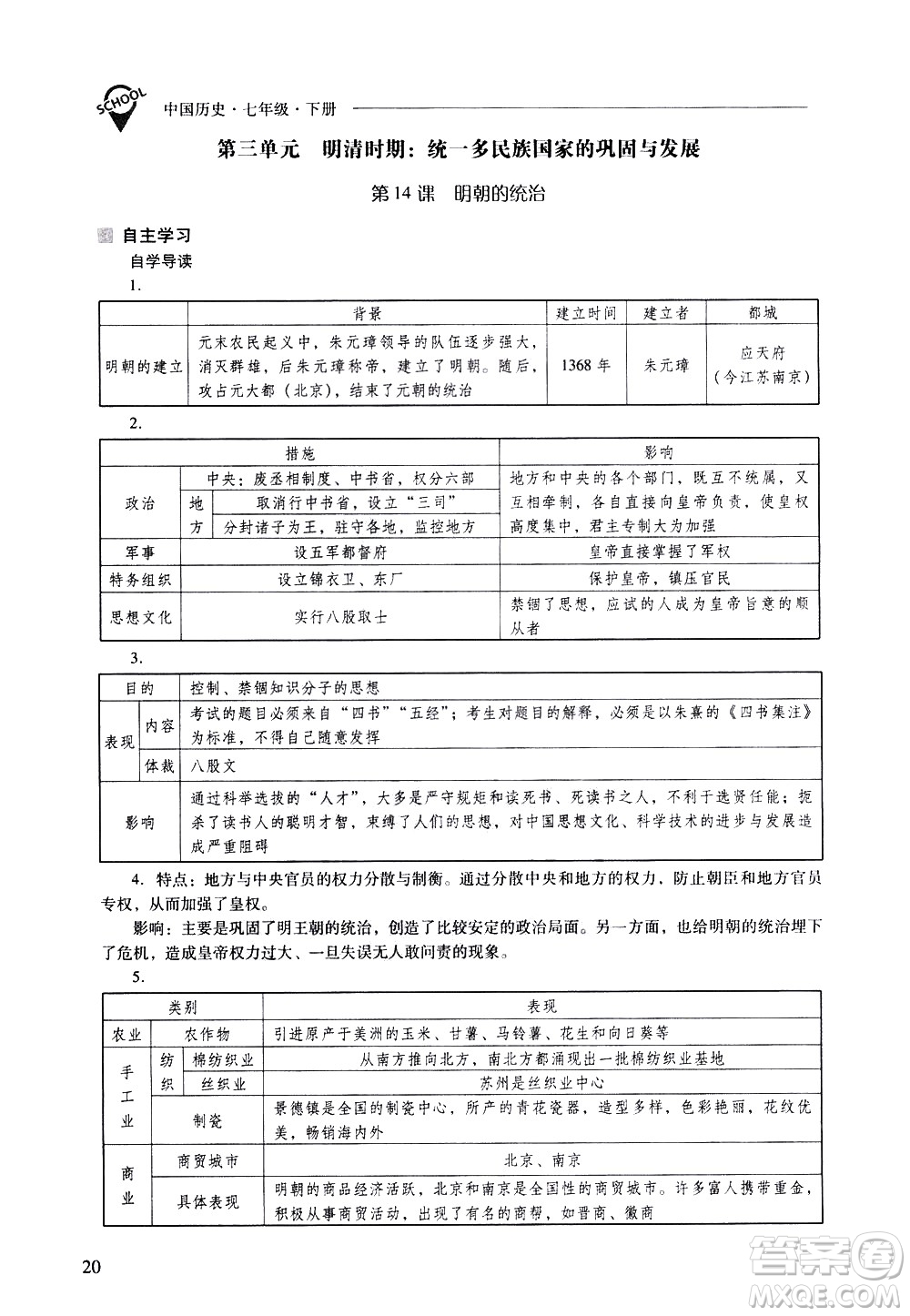 山西教育出版社2021新課程問題解決導學方案中國歷史七年級下冊人教版答案