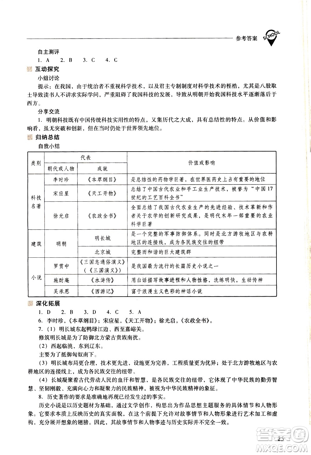 山西教育出版社2021新課程問題解決導學方案中國歷史七年級下冊人教版答案
