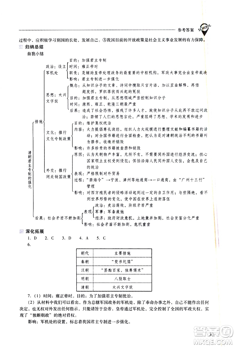 山西教育出版社2021新課程問題解決導學方案中國歷史七年級下冊人教版答案