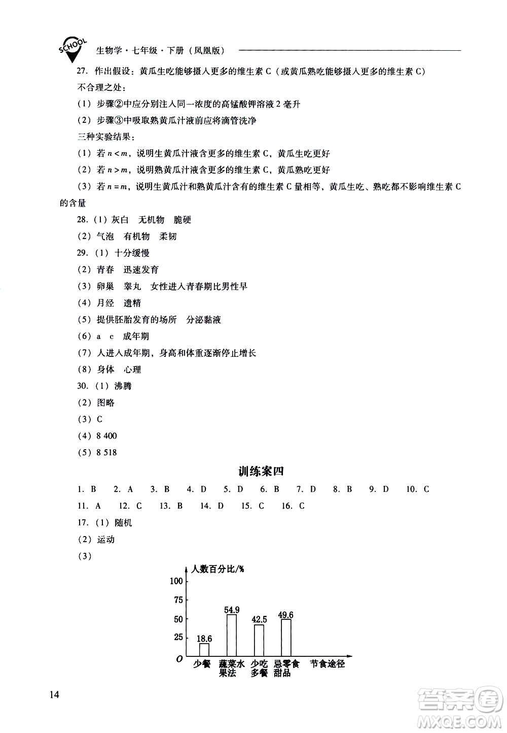山西教育出版社2021新課程問題解決導(dǎo)學(xué)方案生物學(xué)七年級下冊鳳凰版答案