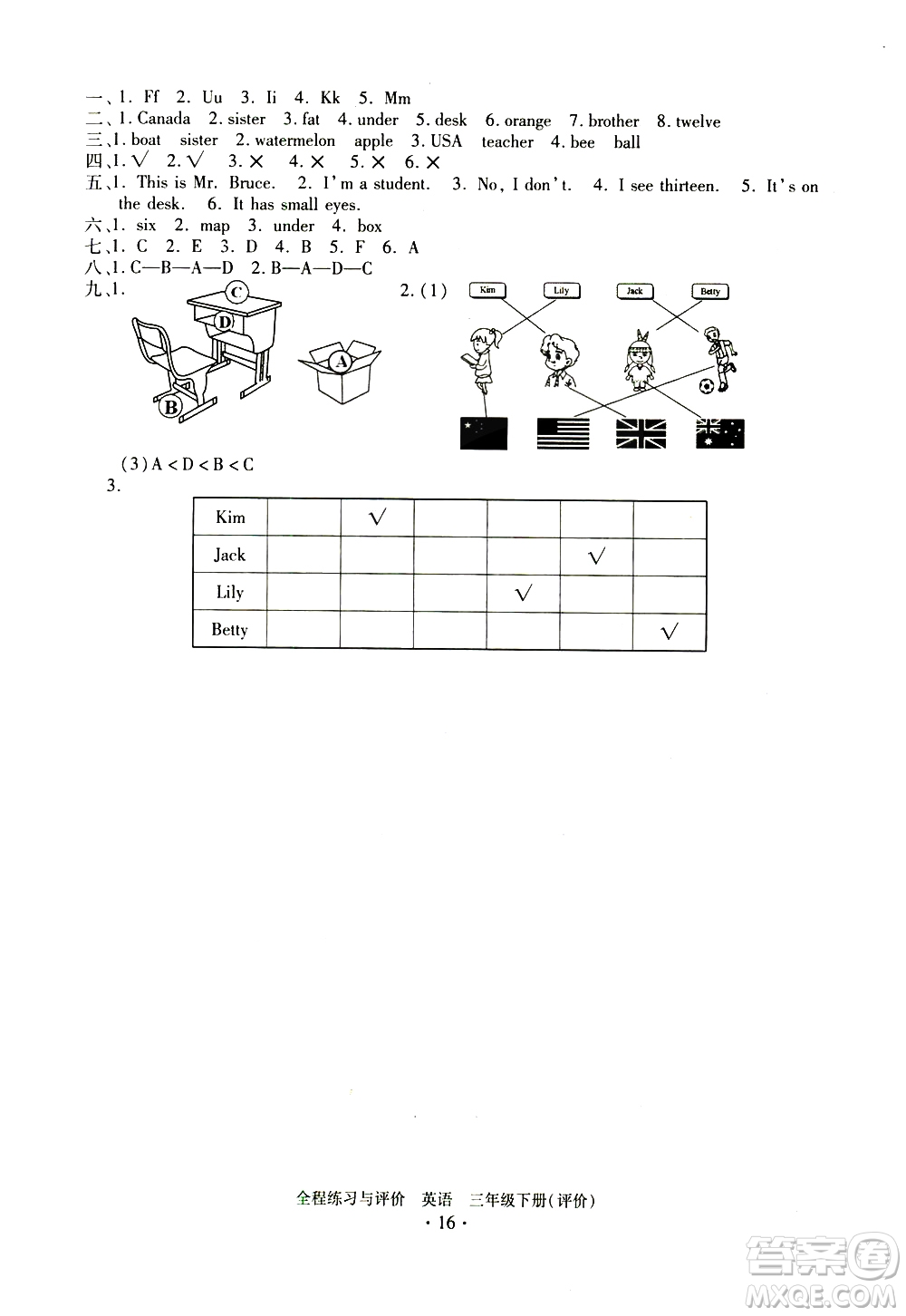 浙江人民出版社2021全程練習與評價評價三年級下冊英語R人教版答案