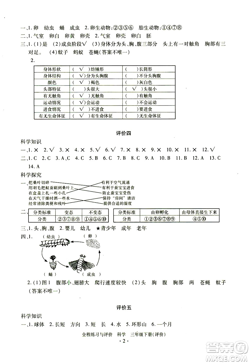 浙江人民出版社2021全程練習(xí)與評價評價三年級下冊科學(xué)J冀教版答案