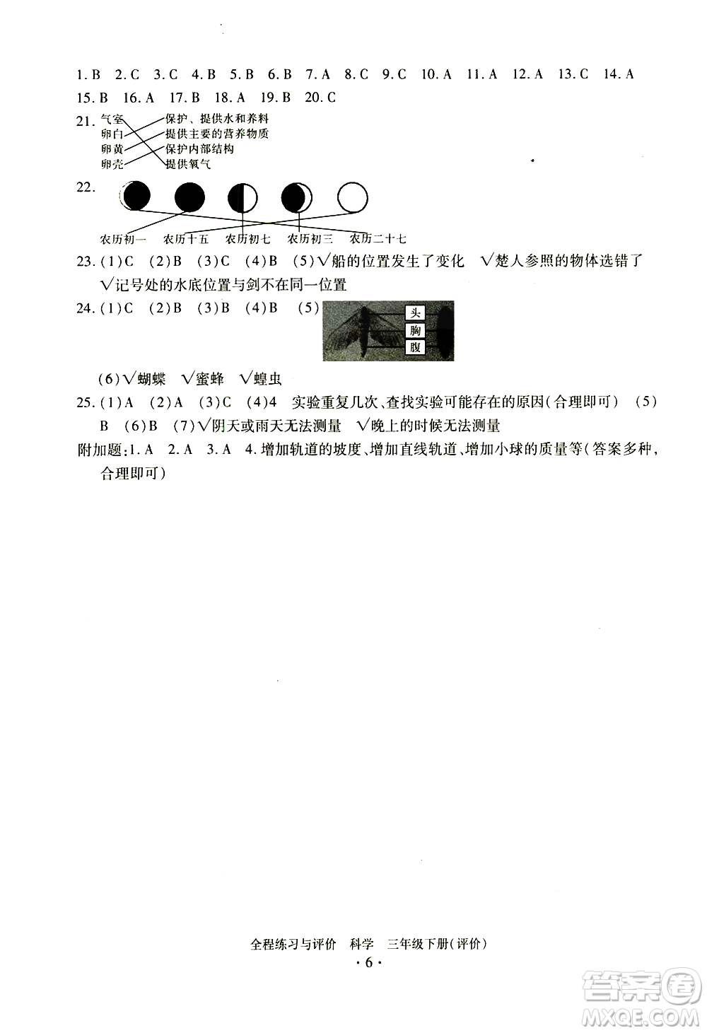 浙江人民出版社2021全程練習(xí)與評價評價三年級下冊科學(xué)J冀教版答案