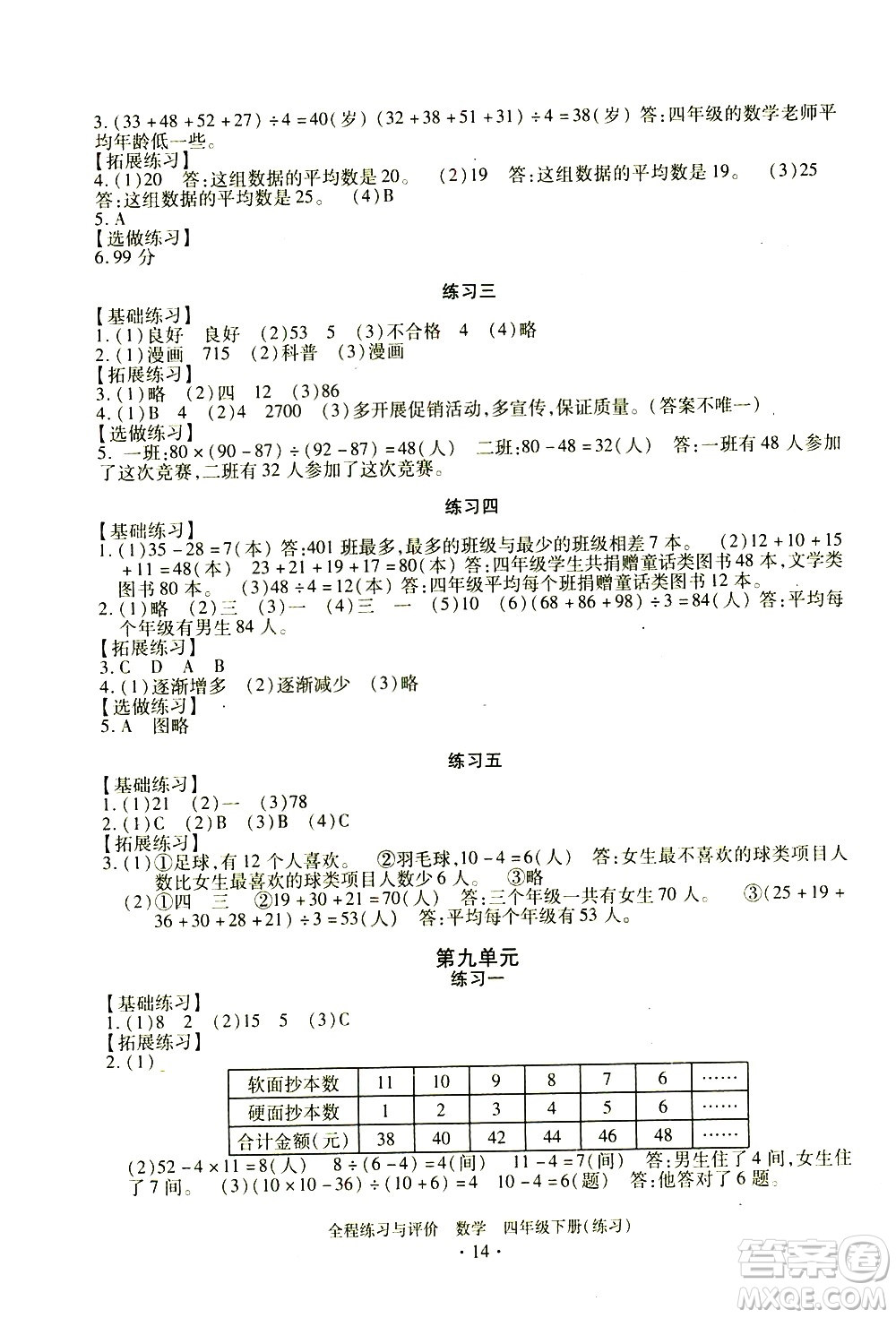 浙江人民出版社2021全程練習(xí)與評(píng)價(jià)練習(xí)四年級(jí)下冊數(shù)學(xué)R人教版答案