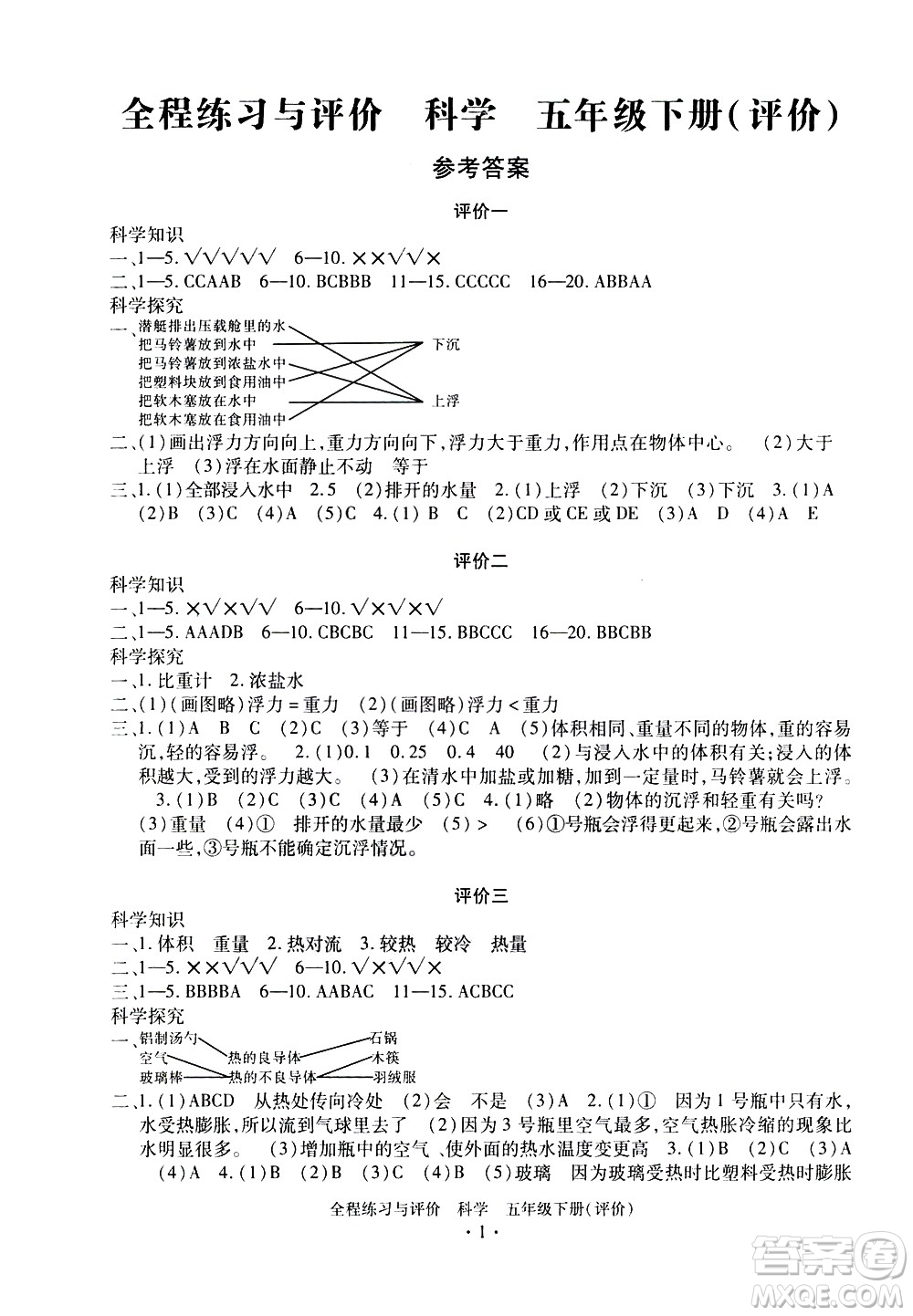 浙江人民出版社2021全程練習與評價評價五年級下冊科學(xué)J冀教版答案