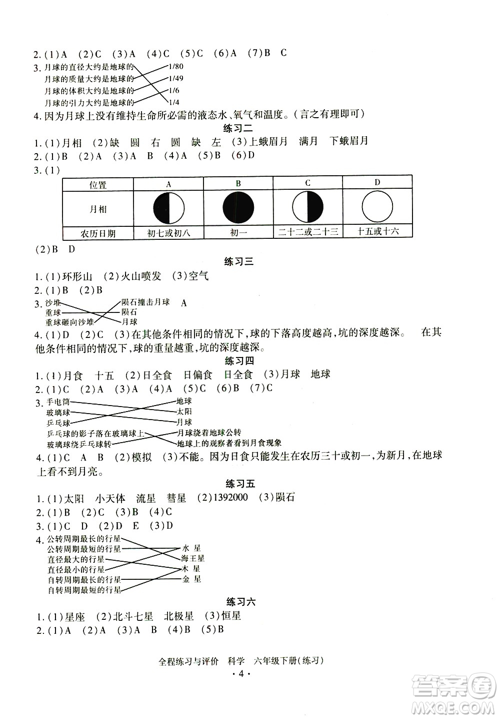浙江人民出版社2021全程練習與評價練習六年級下冊科學J冀教版答案
