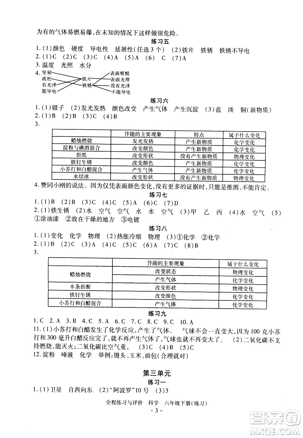 浙江人民出版社2021全程練習與評價練習六年級下冊科學J冀教版答案
