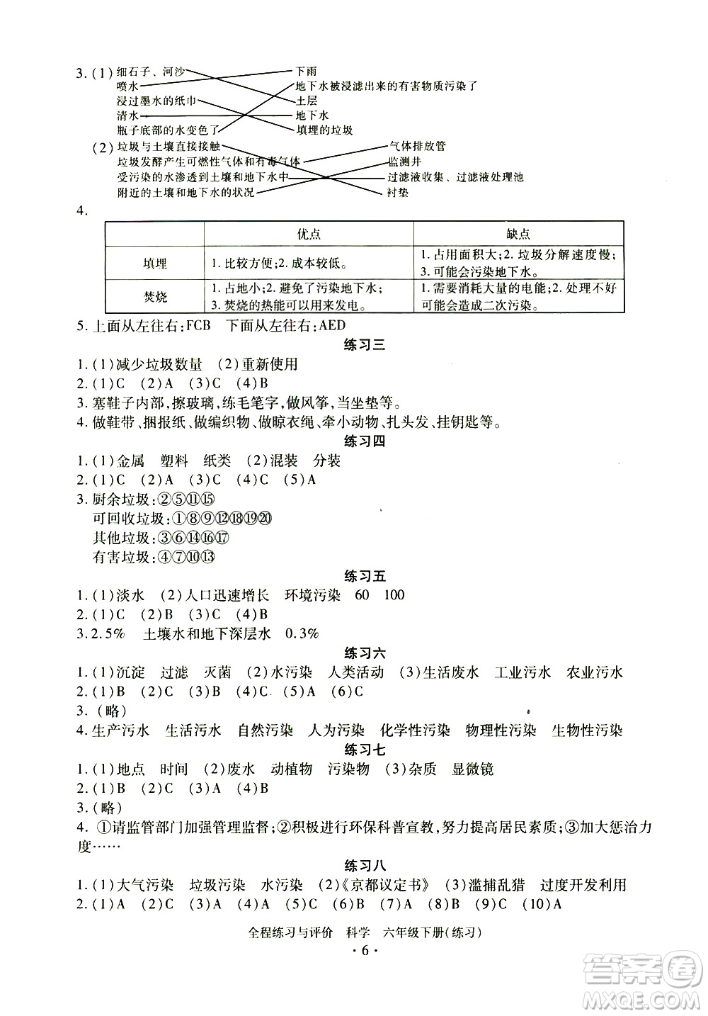 浙江人民出版社2021全程練習與評價練習六年級下冊科學J冀教版答案