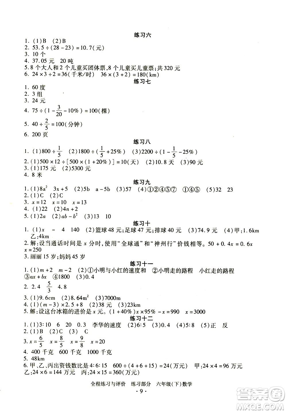 浙江人民出版社2021全程練習(xí)與評(píng)價(jià)練習(xí)六年級(jí)下冊(cè)數(shù)學(xué)R人教版答案