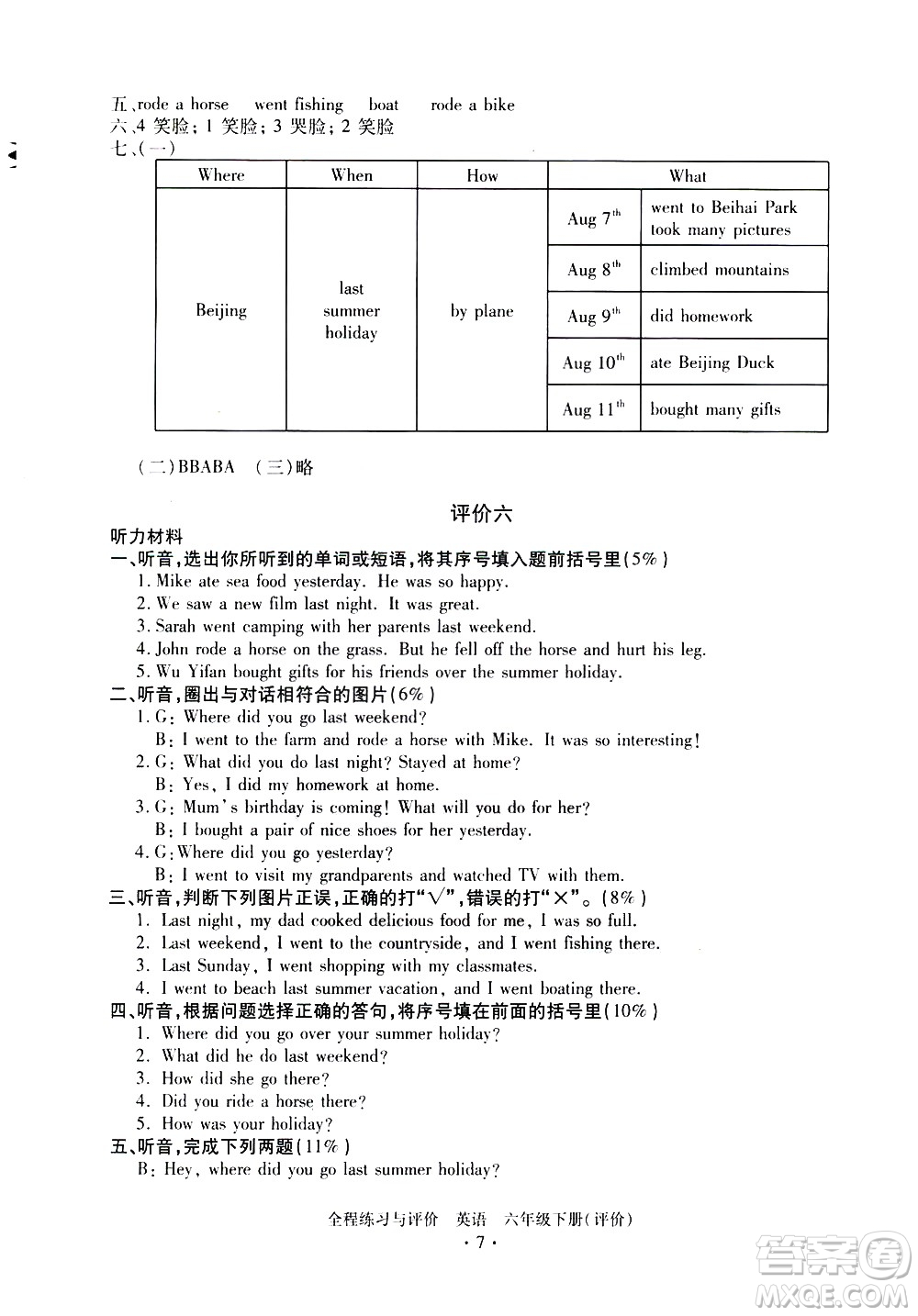 浙江人民出版社2021全程練習(xí)與評價評價六年級下冊英語R人教版答案