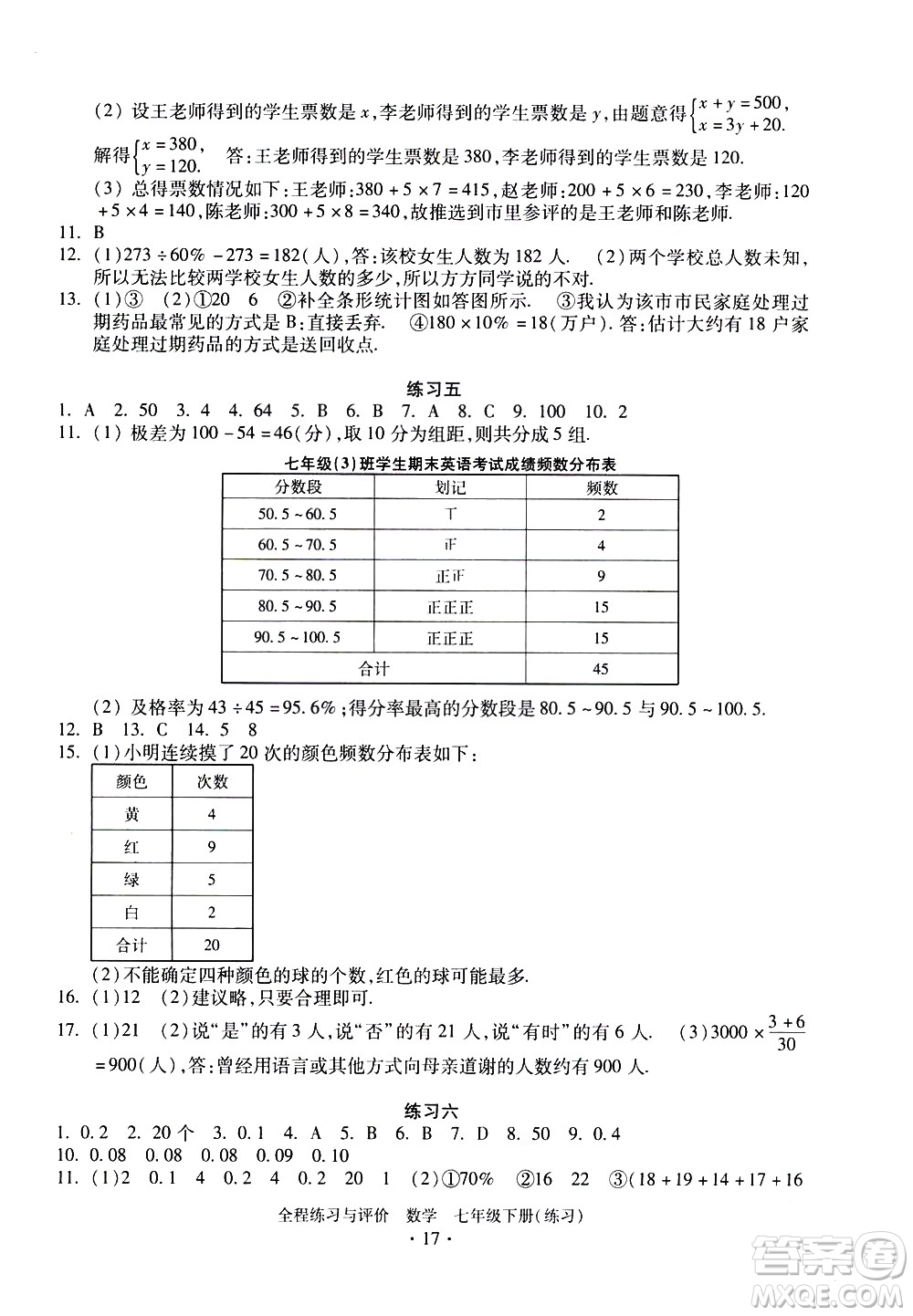 浙江人民出版社2021全程練習(xí)與評(píng)價(jià)練習(xí)七年級(jí)下冊(cè)數(shù)學(xué)ZH浙教版答案