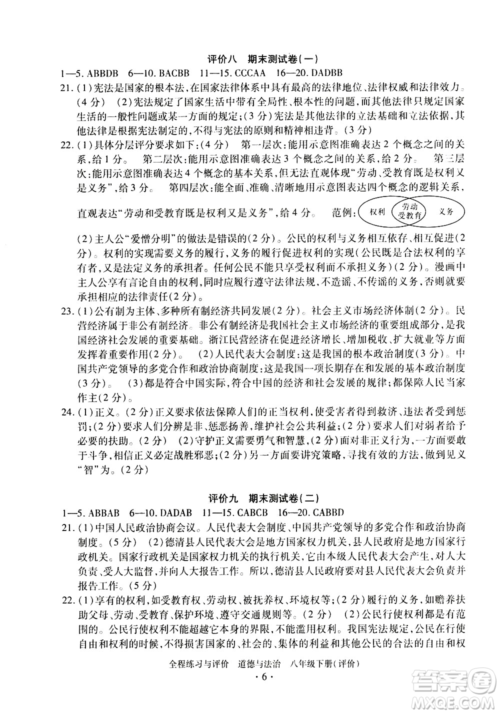 浙江人民出版社2021全程練習與評價評價八年級下冊道德與法治R人教版答案