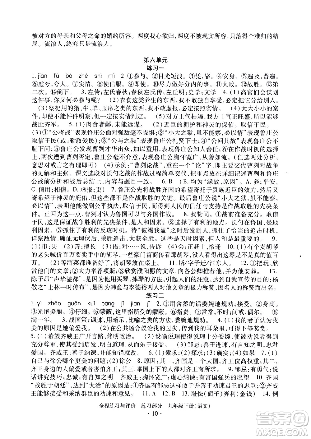 浙江人民出版社2021全程練習(xí)與評(píng)價(jià)練習(xí)九年級(jí)下冊語文R人教版答案