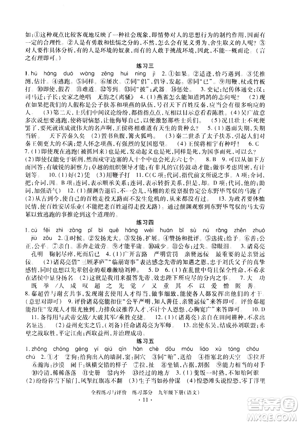 浙江人民出版社2021全程練習(xí)與評(píng)價(jià)練習(xí)九年級(jí)下冊語文R人教版答案