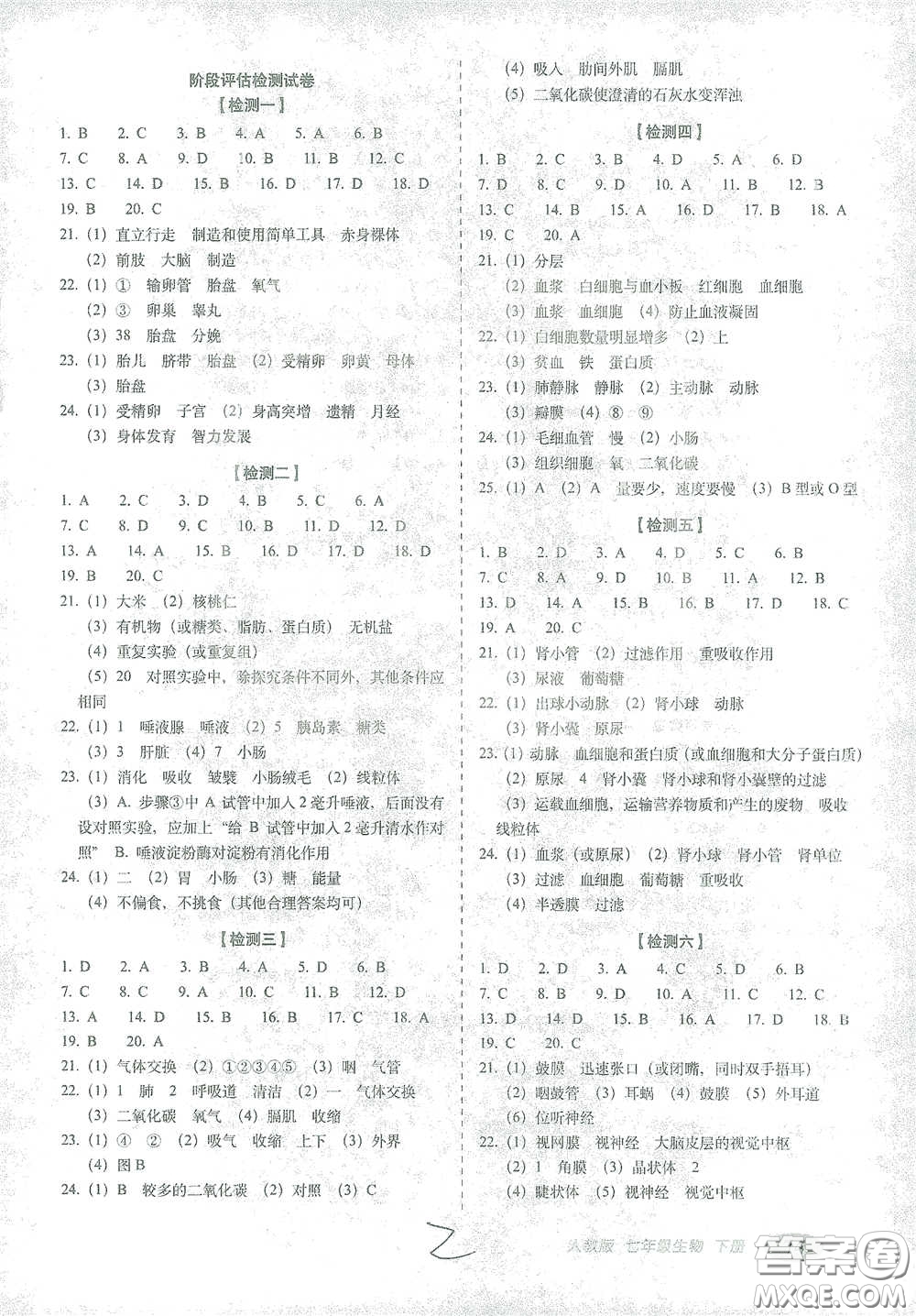 長(zhǎng)春出版社2021聚能闖關(guān)100分期末復(fù)習(xí)沖刺卷七年級(jí)生物下冊(cè)人教版答案