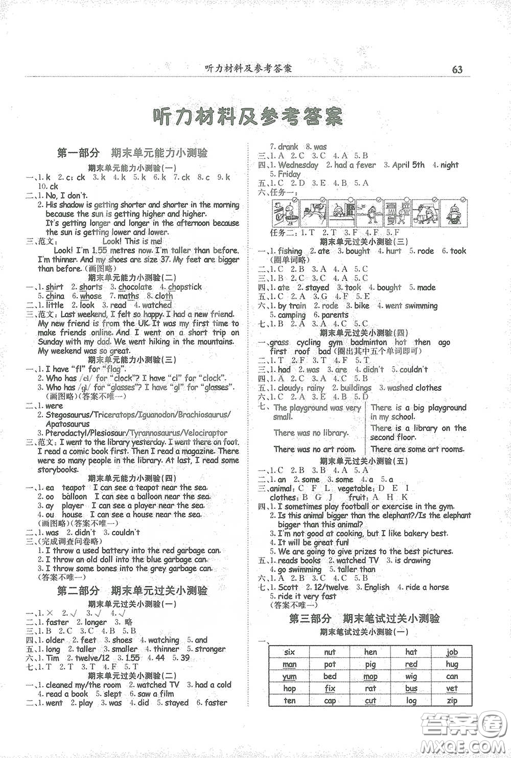 龍門書局2021黃岡小狀元滿分沖刺微測驗(yàn)期末復(fù)習(xí)專用六年級(jí)英語下冊(cè)人教版答案