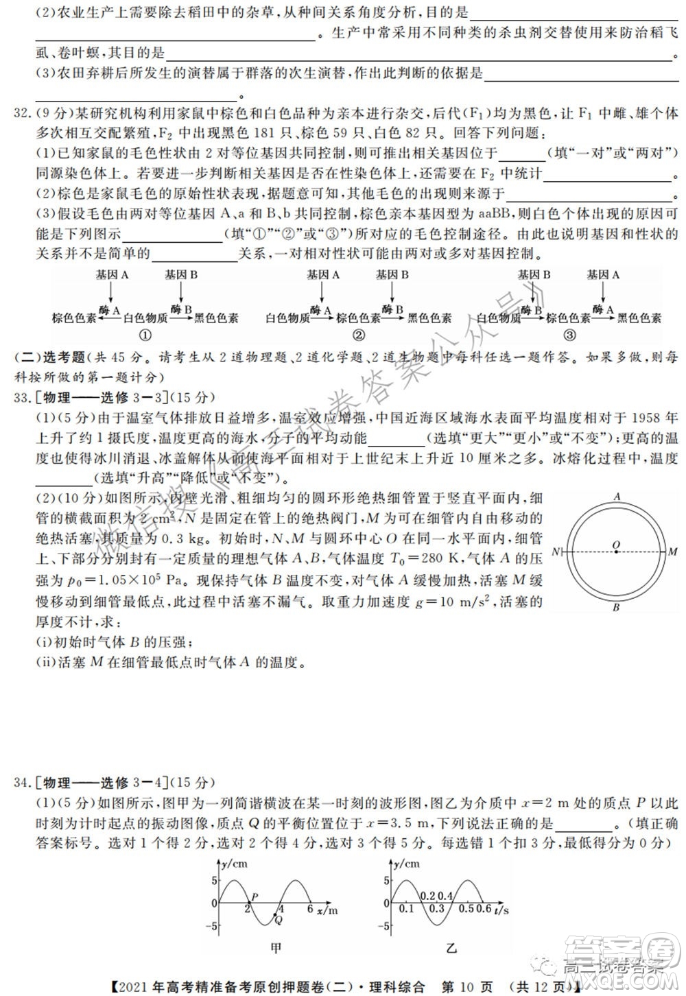 2021年高考精準(zhǔn)備考原創(chuàng)押題二理科綜合試卷及答案
