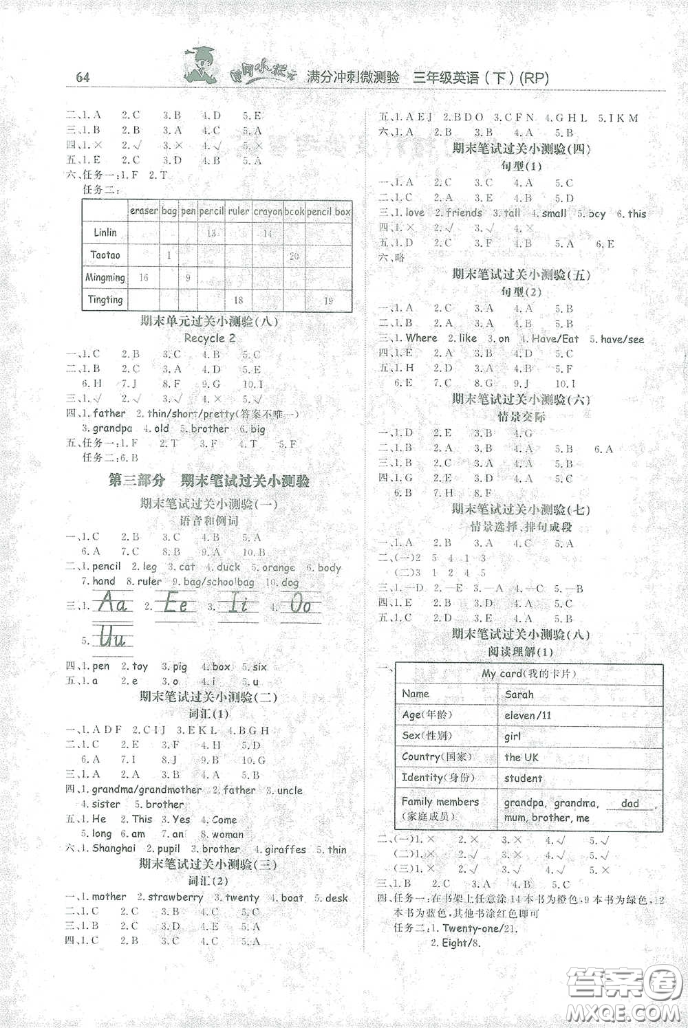 龍門書局2021黃岡小狀元滿分沖刺微測(cè)驗(yàn)期末復(fù)習(xí)專用三年級(jí)英語(yǔ)下冊(cè)人教版答案