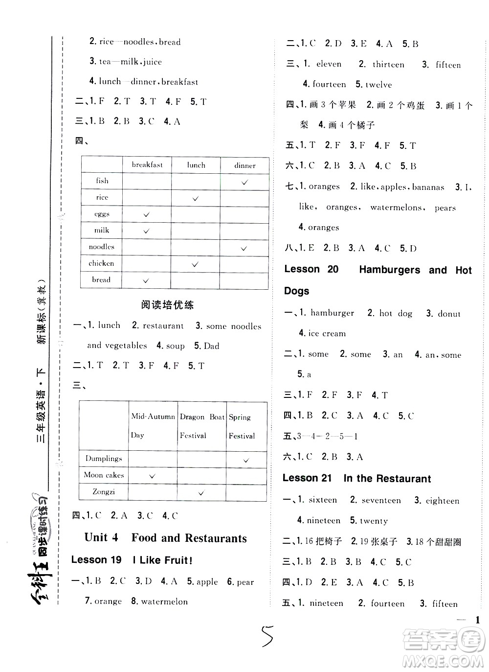 吉林人民出版社2021全科王同步課時練習英語三年級下冊新課標冀教版答案